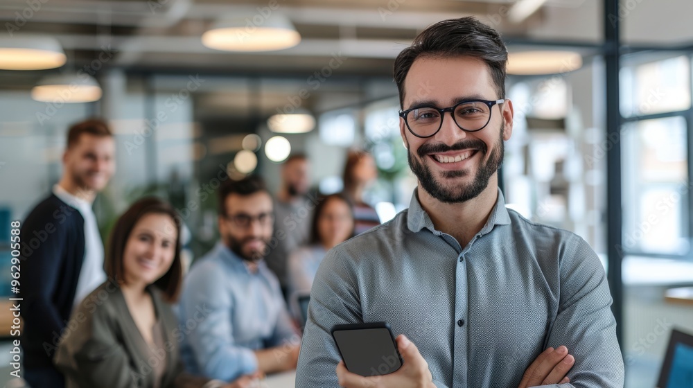 A smiling man in an office holds a smartphone while a team works in the background.