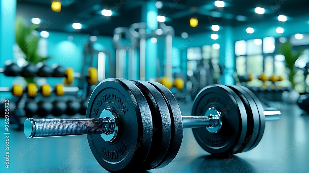 A black dumbbell lies on a blue gym floor, contrasting sharply in a modern fitness setting that emphasizes power and precision.