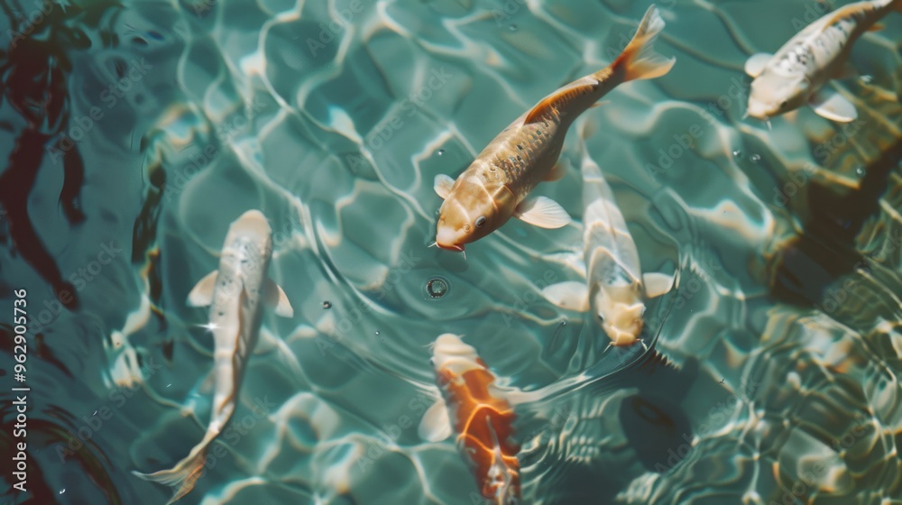 Obraz premium A group of colorful koi fish swim gracefully in clear, rippling water, creating a serene aquatic scene.