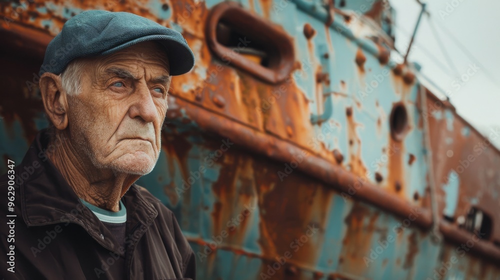 A weathered elderly man in a cap stands pensively in front of a rusty, old ship, evoking stories of a rich and rugged past. A weathered elderly man in a cap stands pensively in front of a rusty, old ship, evoking stories of a rich and rugged past.