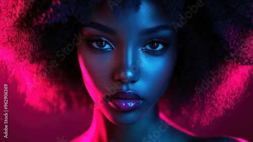 Fashion portrait of beautiful african american woman with afro hairstyle in neon lights