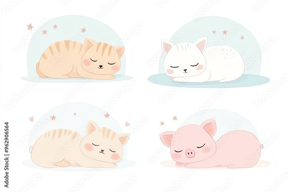 Adorable sleeping animals including cats and a pig, perfect for children's themes and cute illustrations. Adorable sleeping animals including cats and a pig, perfect for children's themes and cute illustrations.