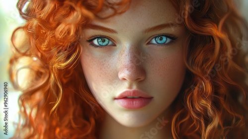 Generative AI illustration of young beautiful woman model with curly red hair and blue eyes posing looking at camera against blurred background
