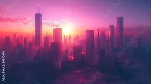 A pink sunset bathes a city skyline in soft hues, with fog and skyscrapers blending into a dreamy urban landscape.