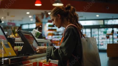 Wallpaper Mural A woman at a supermarket checkout concentrates while using the register, surrounded by shelves of assorted products and soft interior lighting. Torontodigital.ca