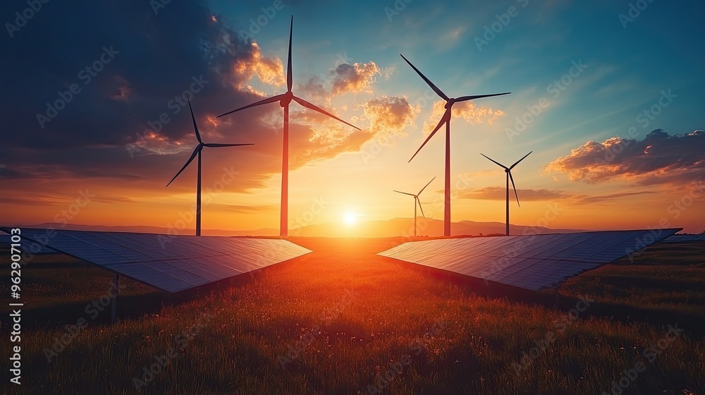 Obraz premium Solar panels and wind turbines, alternative electricity source