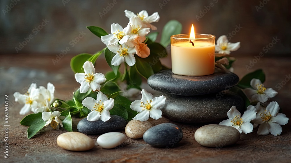 Spa still life with jasmine flowers, zen stones and burning candle Spa still life with jasmine flowers, zen stones and burning candle