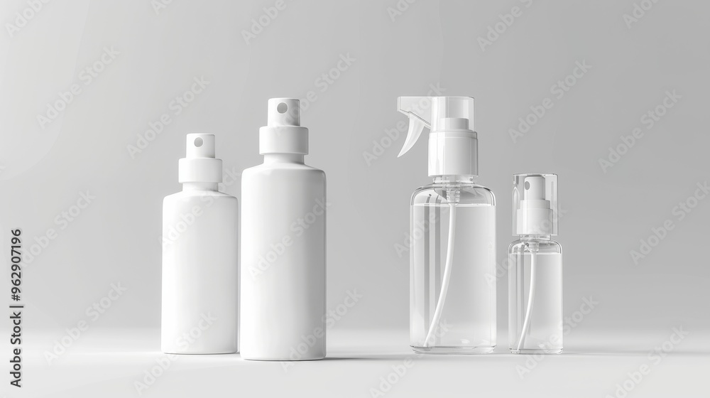 A minimalist arrangement of spray bottles in various sizes, set against a plain white background, emphasizing clean and sleek design.