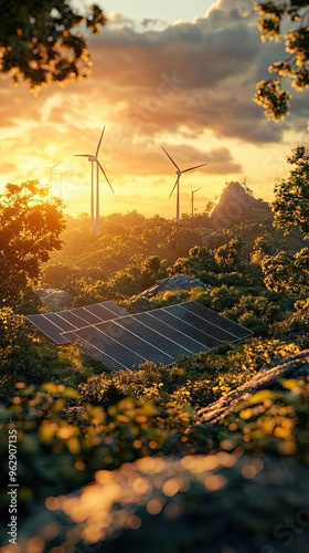 Solar panels and wind turbines, alternative electricity source
