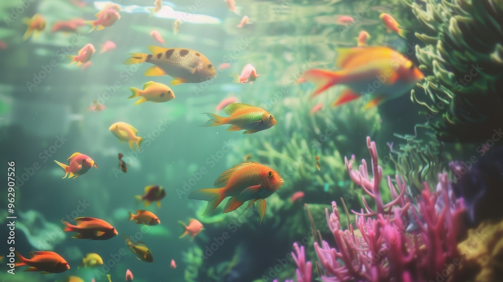A vibrant, lively underwater scene featuring colorful fish swimming amidst coral reefs in a sunlit aquatic environment. A vibrant, lively underwater scene featuring colorful fish swimming amidst coral reefs in a sunlit aquatic environment.