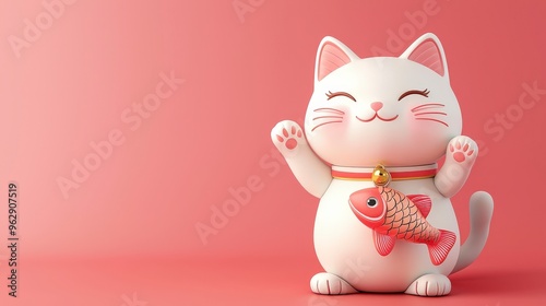 White smiling lucky cat figurine with red fish and a gold bell on a red background.