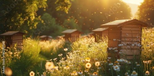 A serene scene of wooden beehives in a meadow, where bees fly among blooming wildflowers under the warm golden light.