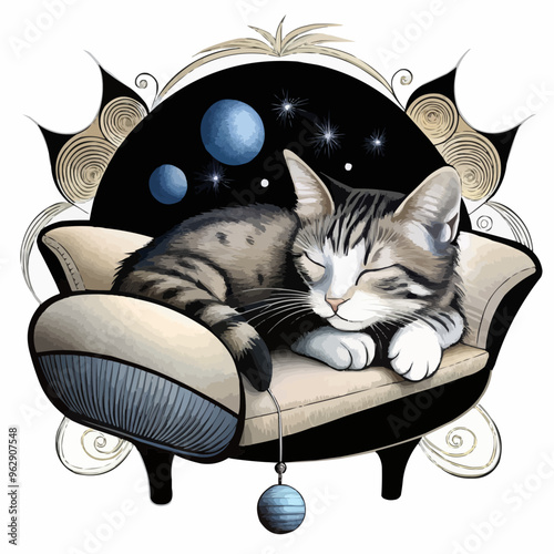 Contented Cat with Peaceful Mood Sleeping on Sofa Against Cosmic Background