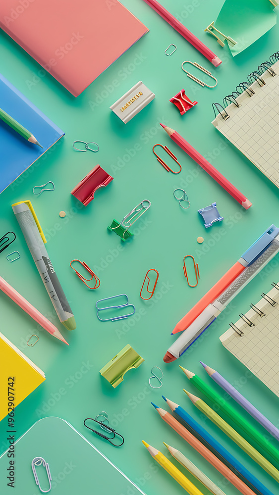 Colorful Office Supplies on Turquoise Background Colorful Office Supplies on Turquoise Background