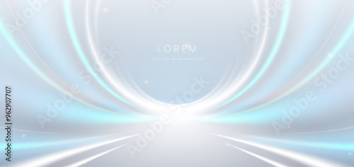 Scene light blue and white curve on grey background with lighting effect. For product design.