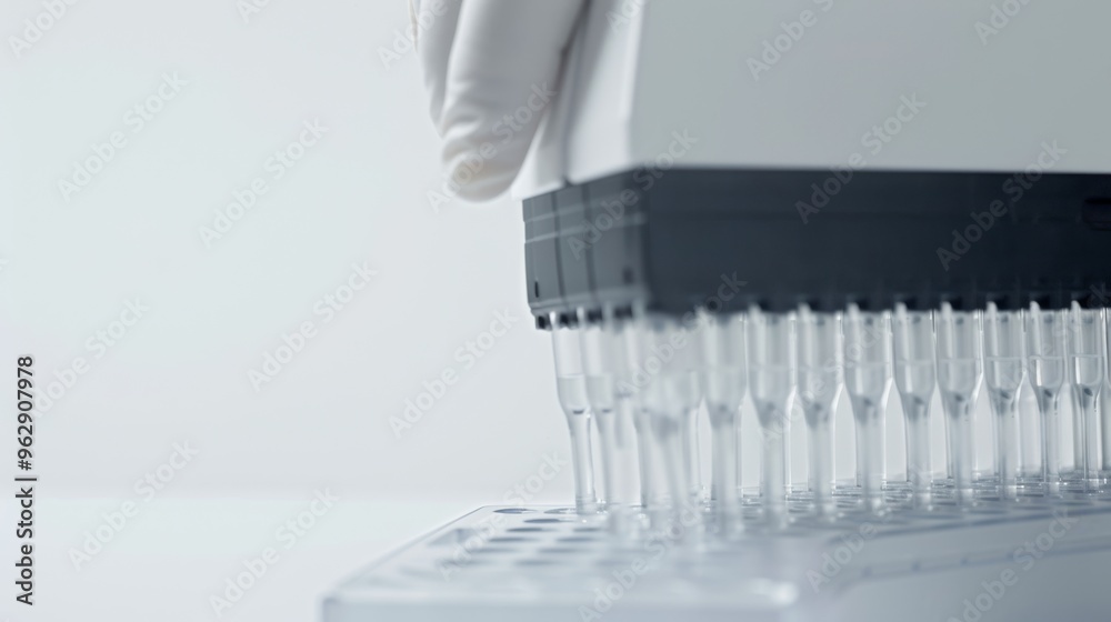 A close-up of a laboratory device with multiple pipettes dispensing liquid into a tray, highlighting precision in a sterile environment. A close-up of a laboratory device with multiple pipettes dispensing liquid into a tray, highlighting precision in a sterile environment.