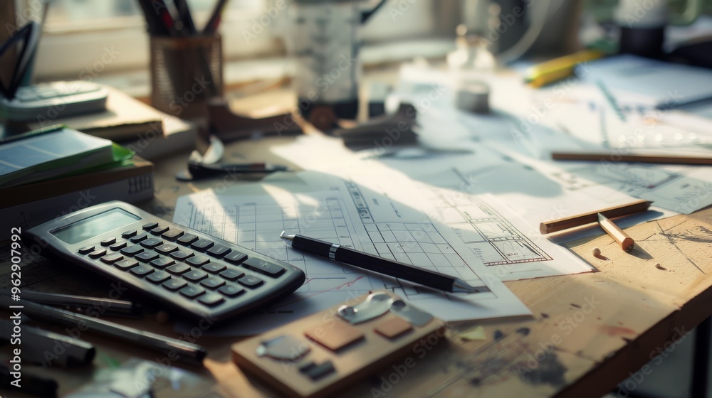 A cluttered workspace filled with design tools and blueprints captures the essence of creative chaos in an architect's sanctuary. A cluttered workspace filled with design tools and blueprints captures the essence of creative chaos in an architect's sanctuary.