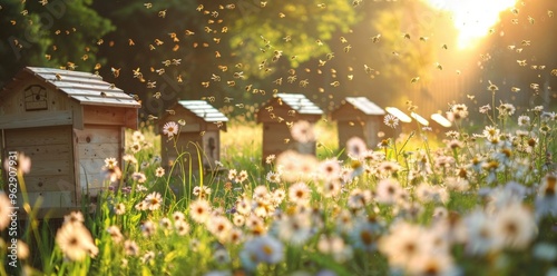 A picturesque meadow featuring wooden beehives nestled in vibrant wildflowers, enhanced by warm sunlight and the activity of buzzing bees.
