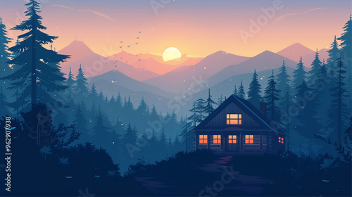 vector illustration of a view of a house in the countryside