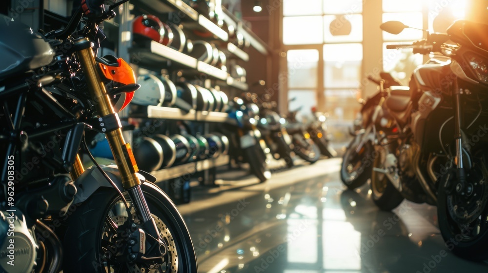 Fototapeta premium A motorcycle showroom illuminated by soft sunlight, showcasing various motorbikes and helmets on display, with large windows enhancing the spacious feel.