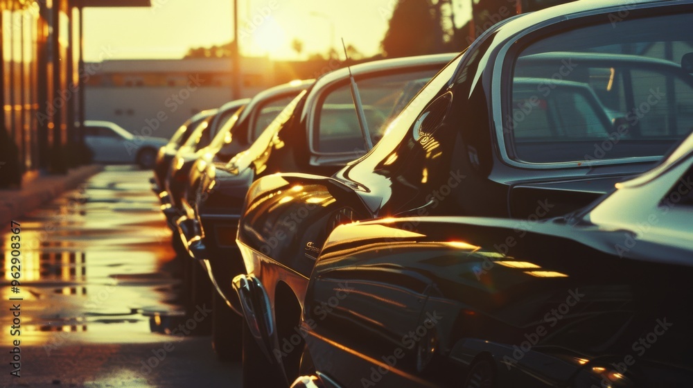 A row of classic cars glimmers under the warm glow of a sunset, highlighting their elegant curves and timeless appeal. A row of classic cars glimmers under the warm glow of a sunset, highlighting their elegant curves and timeless appeal.