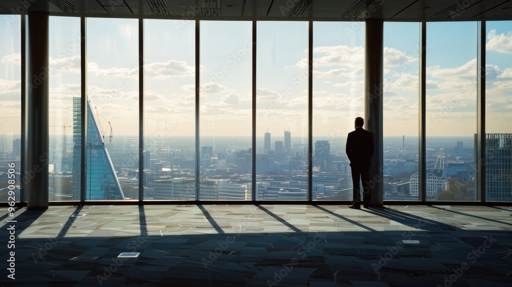 Fototapeta premium A solitary figure gazes over a sprawling urban skyline from a modern high-rise, contemplating the city’s expanse and possibilities.