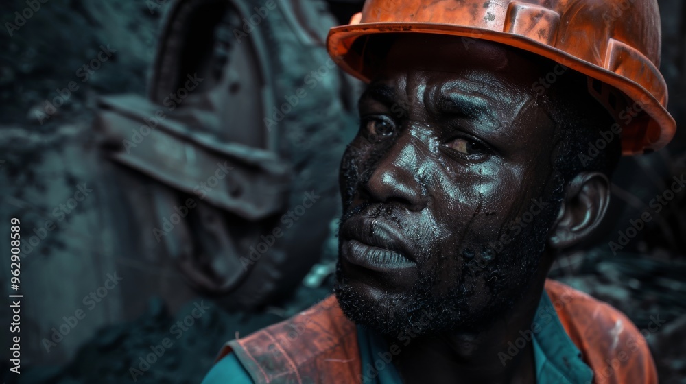 A hard hat-wearing worker, showing wear and determination, stands in an industrial setting, reflecting resilience. A hard hat-wearing worker, showing wear and determination, stands in an industrial setting, reflecting resilience.