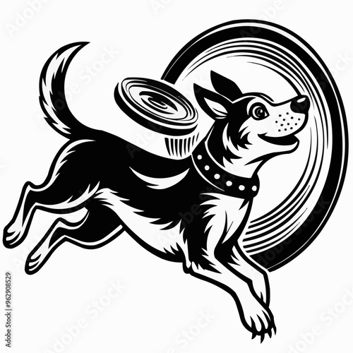 Playful Dog with Exuberant Mood Catching Frisbee Against Cosmic Background