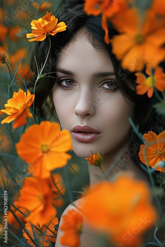 Woman stands in orange flower field with natural background. Authentic setting conveys perfume concept. Artistic features low-angle shot emphasizing woman presence amidst vibrant flowers, copyspace.