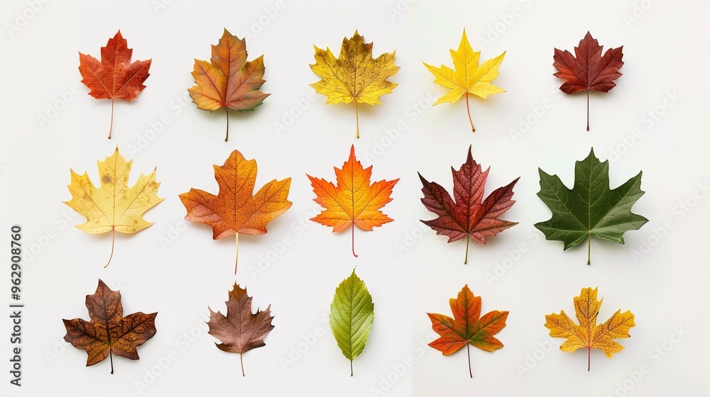 A collection of fall leaves in various shapes and colors on a pure white background. A collection of fall leaves in various shapes and colors on a pure white background.