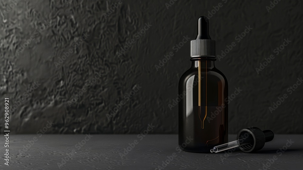 A single black dropper bottle lies tilted on its side, with a detached dropper, set against a textured dark wall, suggesting subtle elegance. A single black dropper bottle lies tilted on its side, with a detached dropper, set against a textured dark wall, suggesting subtle elegance.