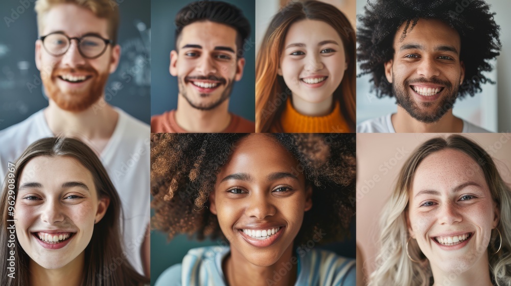 Seven individuals with radiant smiles highlight their joyful and diverse presence in this warmly-lit composite photo. Seven individuals with radiant smiles highlight their joyful and diverse presence in this warmly-lit composite photo.