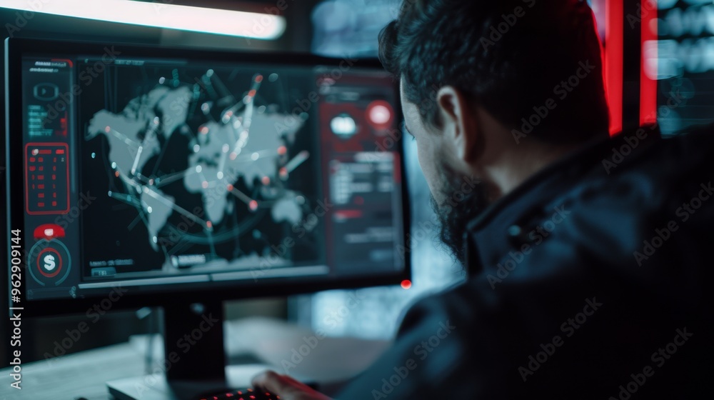 A person intensely monitors a digital world map on a computer screen in a dimly lit technology hub. A person intensely monitors a digital world map on a computer screen in a dimly lit technology hub.