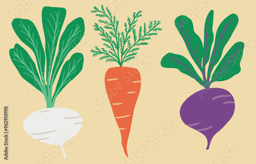 colorful of various root veggies with green leaves