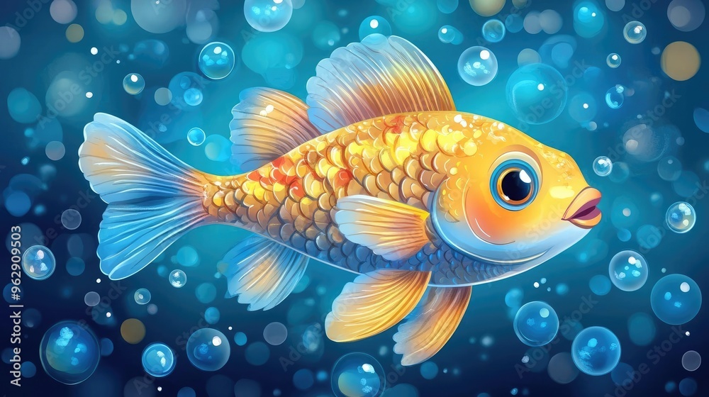 A cartoon fish swimming with bubbles around it, perfect for underwater, ocean, or aquarium-themed designs A cartoon fish swimming with bubbles around it, perfect for underwater, ocean, or aquarium-themed designs