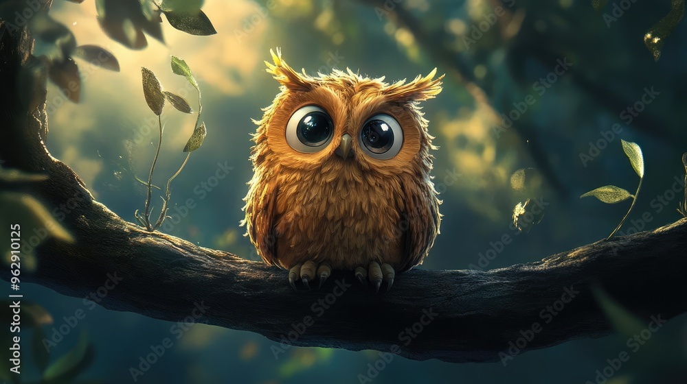 A cute, chubby owl sitting on a branch, ideal for night or wisdom-related designs A cute, chubby owl sitting on a branch, ideal for night or wisdom-related designs