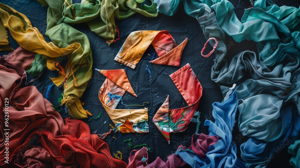A vivid display of colorful cloth pieces arranged in a recycling symbol on a dark background emphasizes creativity and sustainability. A vivid display of colorful cloth pieces arranged in a recycling symbol on a dark background emphasizes creativity and sustainability.