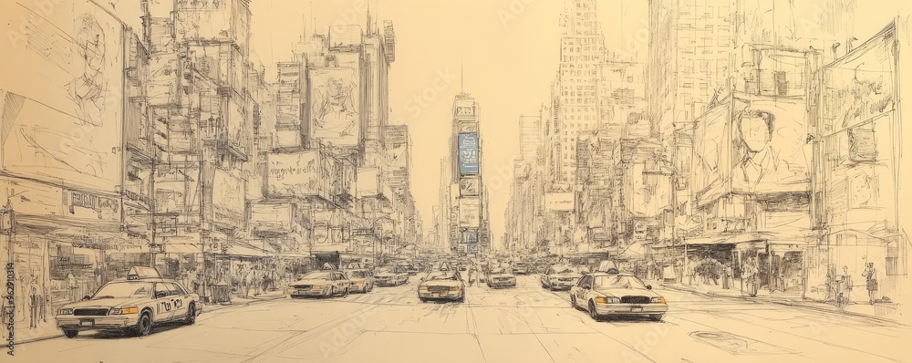 Obraz premium A detailed sketch of a bustling city street, complete with cars, street vendors, and towering buildings