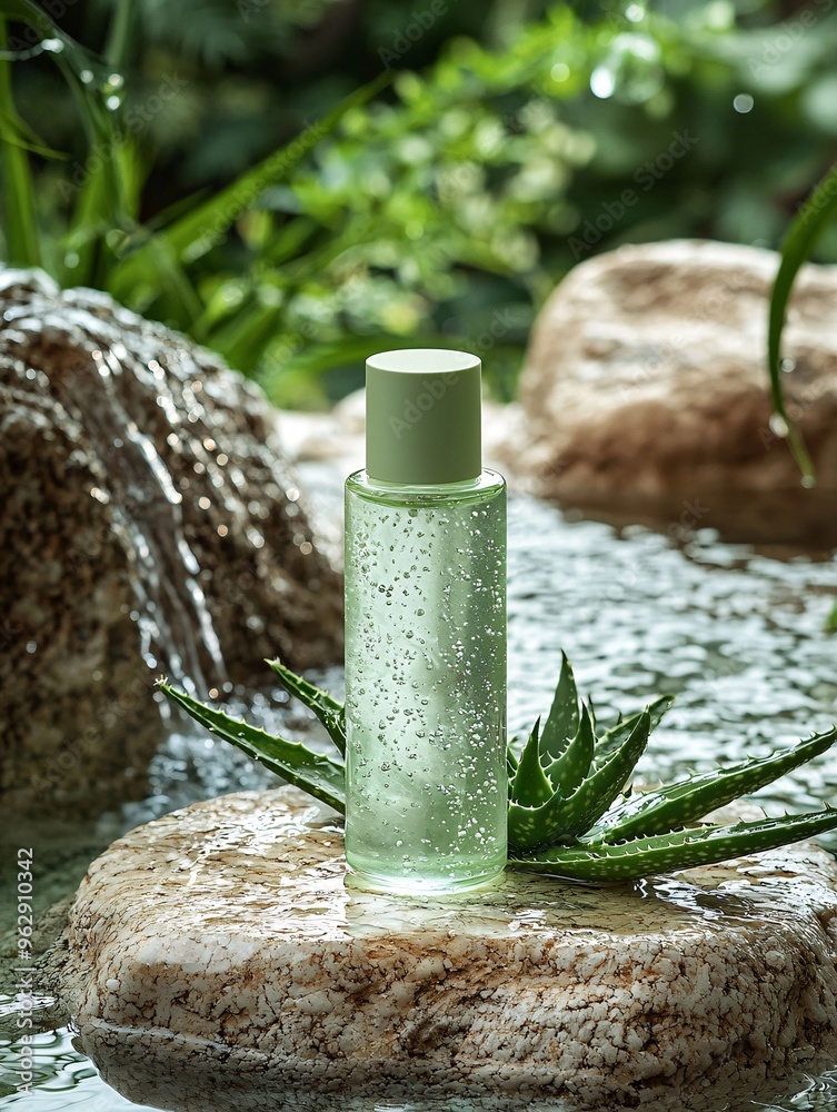Masterful photography of a light green cream bottle on a textured stone, with flowing water and aloe vera creating a quiet, ethereal feel. Masterful photography of a light green cream bottle on a textured stone, with flowing water and aloe vera creating a quiet, ethereal feel.