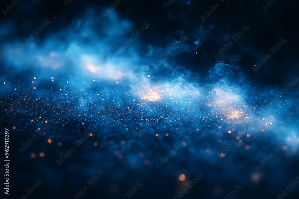 Naklejka premium Abstract background with a soft neon blue glow, floating particles, deep smoke, and bokeh effect, creating a serene and dreamy atmosphere. 
