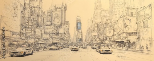 A detailed sketch of a bustling city street, complete with cars, street vendors, and towering buildings