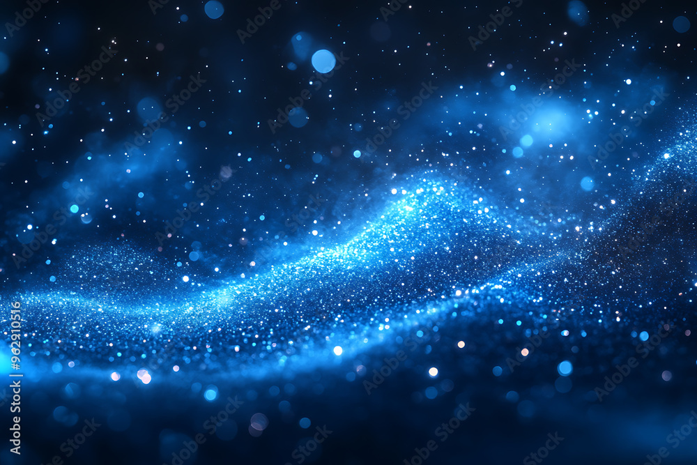 Obraz premium Abstract background with a soft neon blue glow, floating particles, deep smoke, and bokeh effect, creating a serene and dreamy atmosphere. 