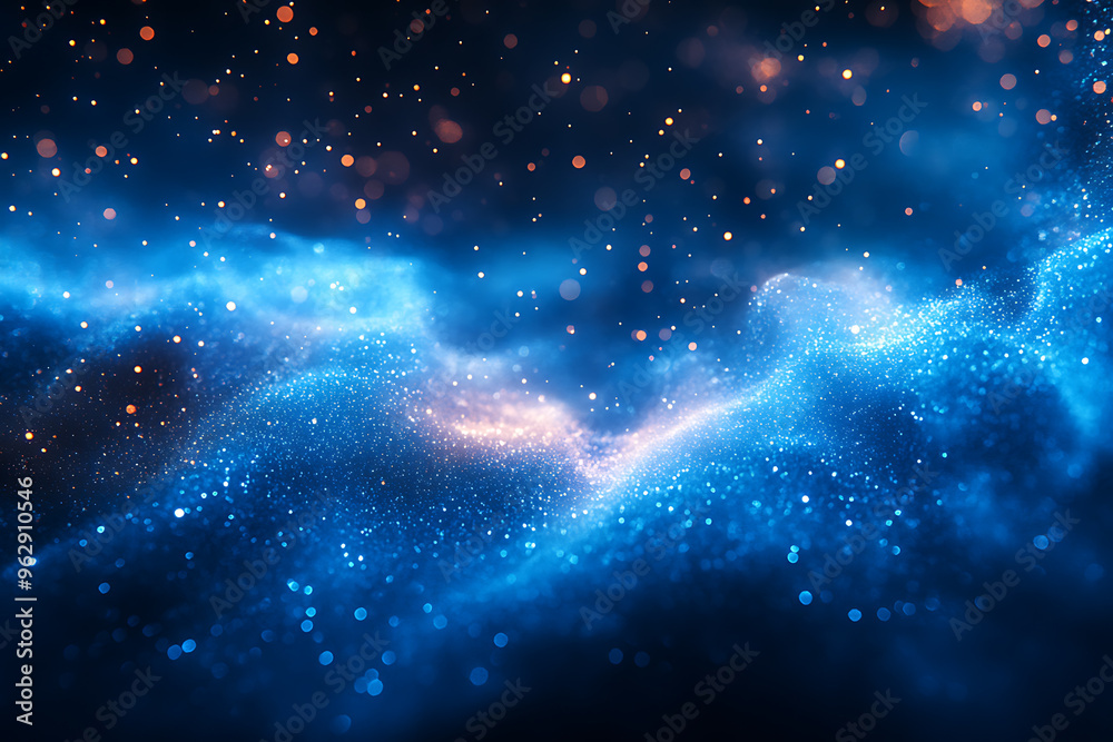 Fototapeta premium Abstract background with a soft neon blue glow, floating particles, deep smoke, and bokeh effect, creating a serene and dreamy atmosphere. 