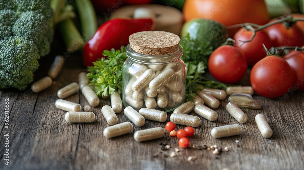 Probiotic capsules surrounded by an assortment of fresh vegetables and fruits on a rustic wooden table background Probiotic capsules surrounded by an assortment of fresh vegetables and fruits on a rustic wooden table background
