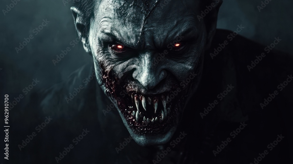 Naklejka premium Menacing vampire with sharp fangs and decaying appearance in a dark setting.