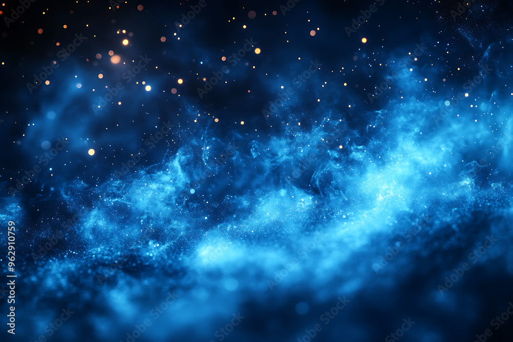 Fototapeta premium Abstract background with a soft neon blue glow, floating particles, deep smoke, and bokeh effect, creating a serene and dreamy atmosphere.