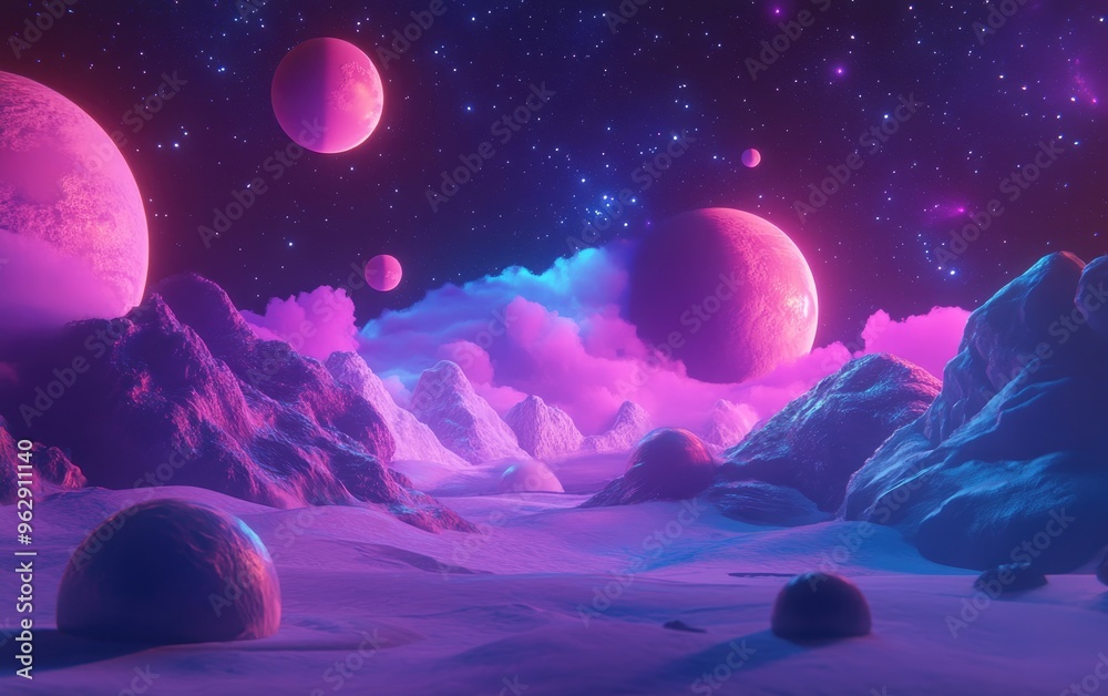 3D cartoon depiction of a galaxy landscape featuring a nebula and planets in violet pink and blue hues 3D cartoon depiction of a galaxy landscape featuring a nebula and planets in violet pink and blue hues