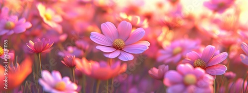 3D cartoon rendering of a vibrant field of cosmos flowers featuring soft and selective focus symbolizing a romantic spot for couples during Valentine s Day celebrations