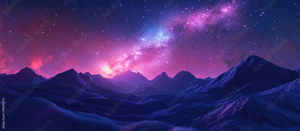 3D cartoon rendering of a colorful night landscape featuring the Milky Way and pink light illuminating mountains with a starry sky and hills in summer showcasing the beauty of the universe and spa 3D cartoon rendering of a colorful night landscape featuring the Milky Way and pink light illuminating mountains with a starry sky and hills in summer showcasing the beauty of the universe and spa