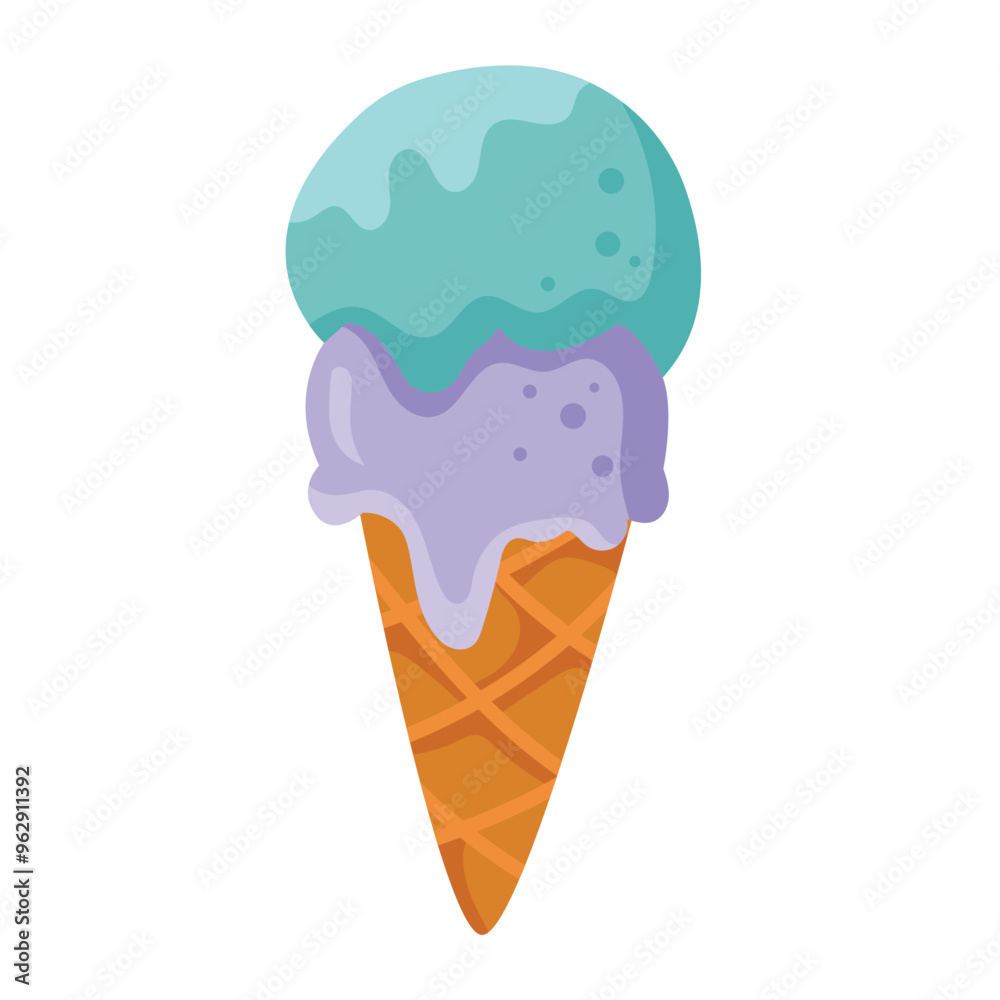 Sweet ice cream in waffle cone vector illustration, cartoon blue purple ice cream clip art, classic ice cream cone icon Sweet ice cream in waffle cone vector illustration, cartoon blue purple ice cream clip art, classic ice cream cone icon